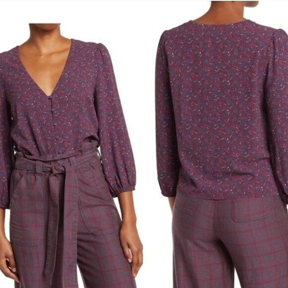 Marine Layer stacy button down cabernet ditsy floral sz medium 3/4 sleeve Vneck - Picture 11 of 13